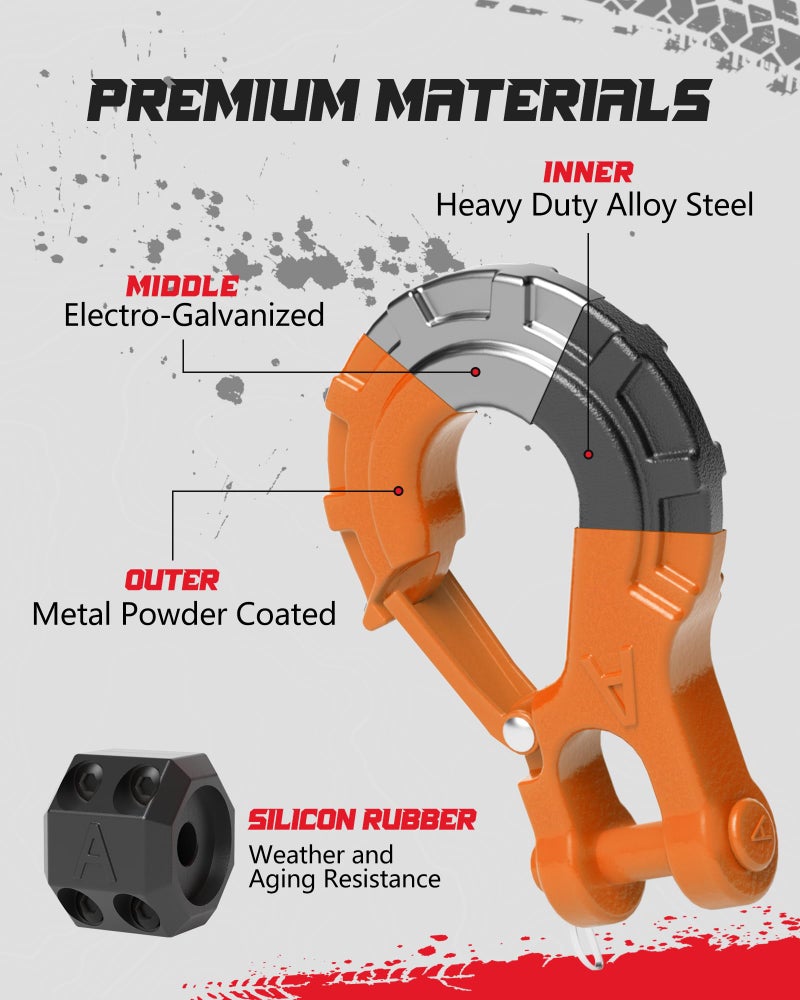 AMBULL 3/8" Winch Hook & Winch Cable Hook Stopper Sets, Heavy Duty Grade 70 Forged Steel Recovery Hook with Safety Latch, Included Allen Wrench,Max 37,478 Lbs, Orange - Image 2